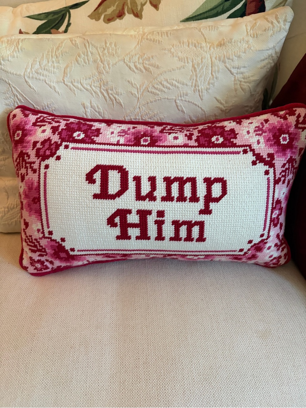 Bouffant and Broken Hearts Dump Him Pink Floral Needlepoint Throw Pillow